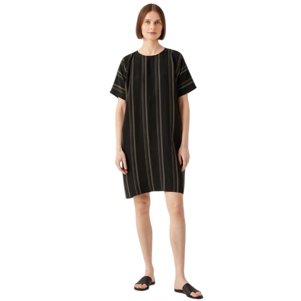 Eileen Fisher - Organic Linen Blend Striped Dress Boxy Fit Black Multi Sz XL